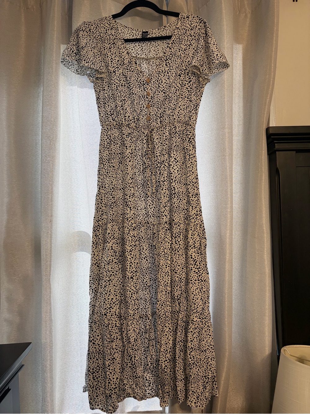 Dotted White and Black Maxi Dress with Button-Front